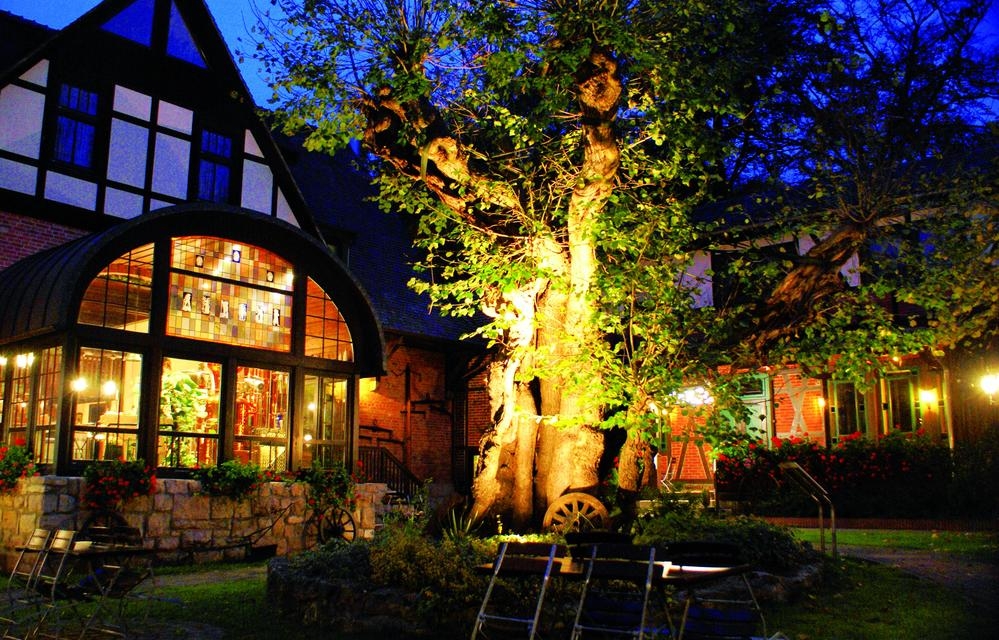 © Braugasthof Papiermühle, Foto: Michael Kanz Außenansicht der Papiermühle am Abend mit beleuchteter Linde © Braugasthof Papiermühle, Foto: Michael Kanz
