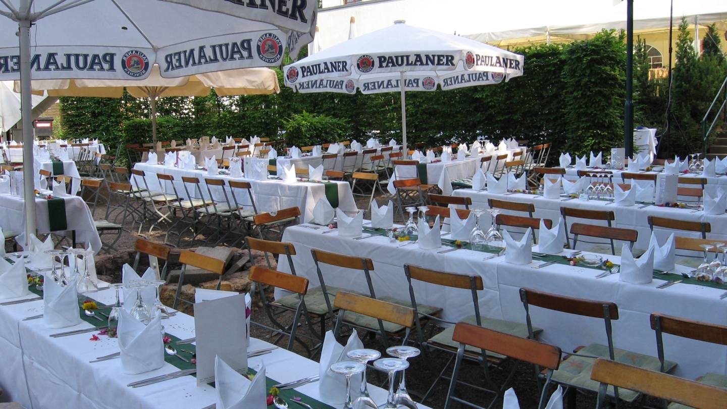 Jembo Park: Festlich gedeckte Tafeln im Biergarten mit Lagerfeuerstelle © Hotel Jembo Park, Foto: unbekannt